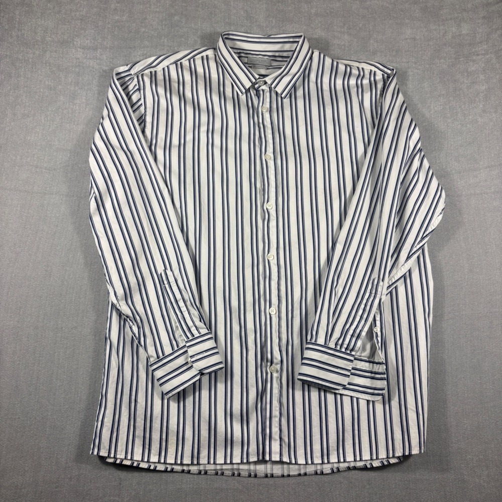 Zara Man Relaxed Fit Striped Button Down Shirt Mens XL White Navy Blue LS